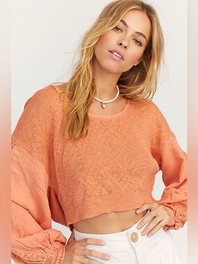 Free People Peach Off-the-Shoulder Cropped Sweater